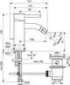 Bidetarmatur von Ideal Standard mit integrierter Abflussgarnitur und einer Ausladung von 106 mm, verchromt. Technische Zeichnung mit Maßangaben und Anschlussdetails.